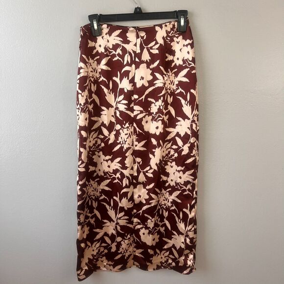 ZARA's Floral Brown/Tan/Red Satin-Effect Midi Straight Skirt Front Slit Size XS - Picture 4 of 10